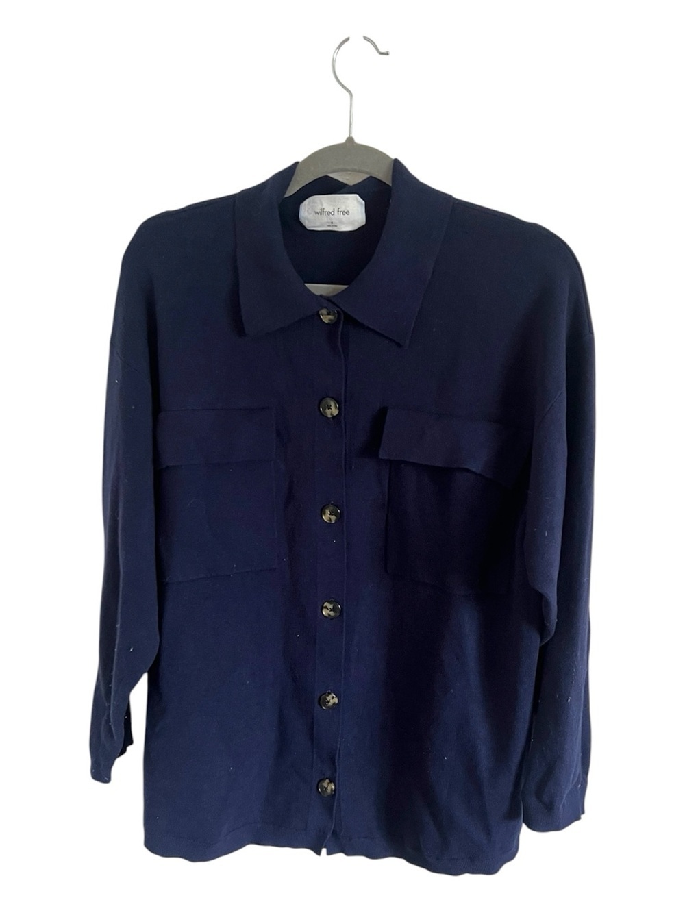 Wilfred Free Navy Button-Up Shirt Jacket, size medium
